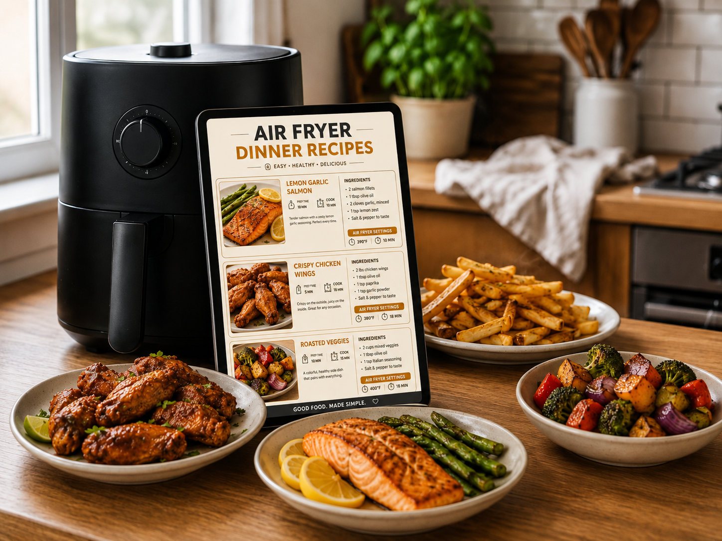 Air Fryer Rescue — digital time and temp chart on a tablet next to an air fryer