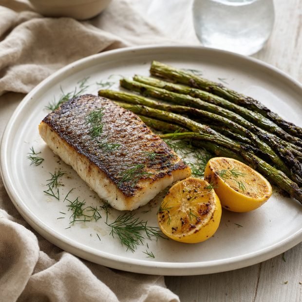 Air fryer barramundi with asparagus